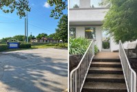 Two images are shown side by side. The left shows an empty lot and a sign with white paint over it. The right image shows a staircase leading up to a clinic.