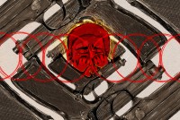 A digital illustration, in pencil and watercolor, about the mental health effects on youth who experience gun violence. A repeating pattern made out of handguns close in on a young boy, who is at the center of the drawing. He covers his face with his hand s, an anguished expression visible on his face. A line of thin red circles are layered across the horizontal center, symbolizing cycles of trauma.