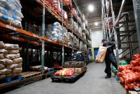 A man works in a large warehouse moving bags of produce